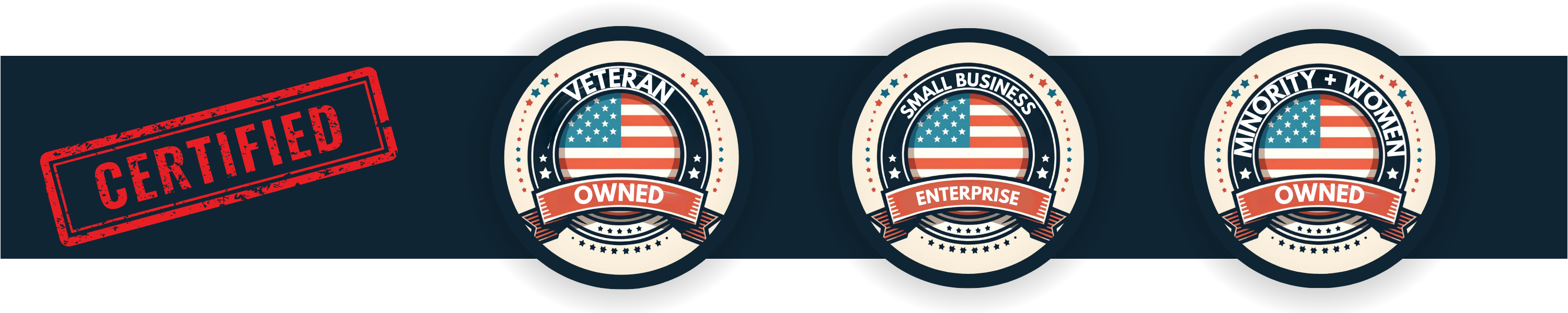 Image Banner with Certified (in red) and three seals with read and blue stars and the American flag with wording Veteran Owned, Small Business Enterprise, Minority and Women Owned.